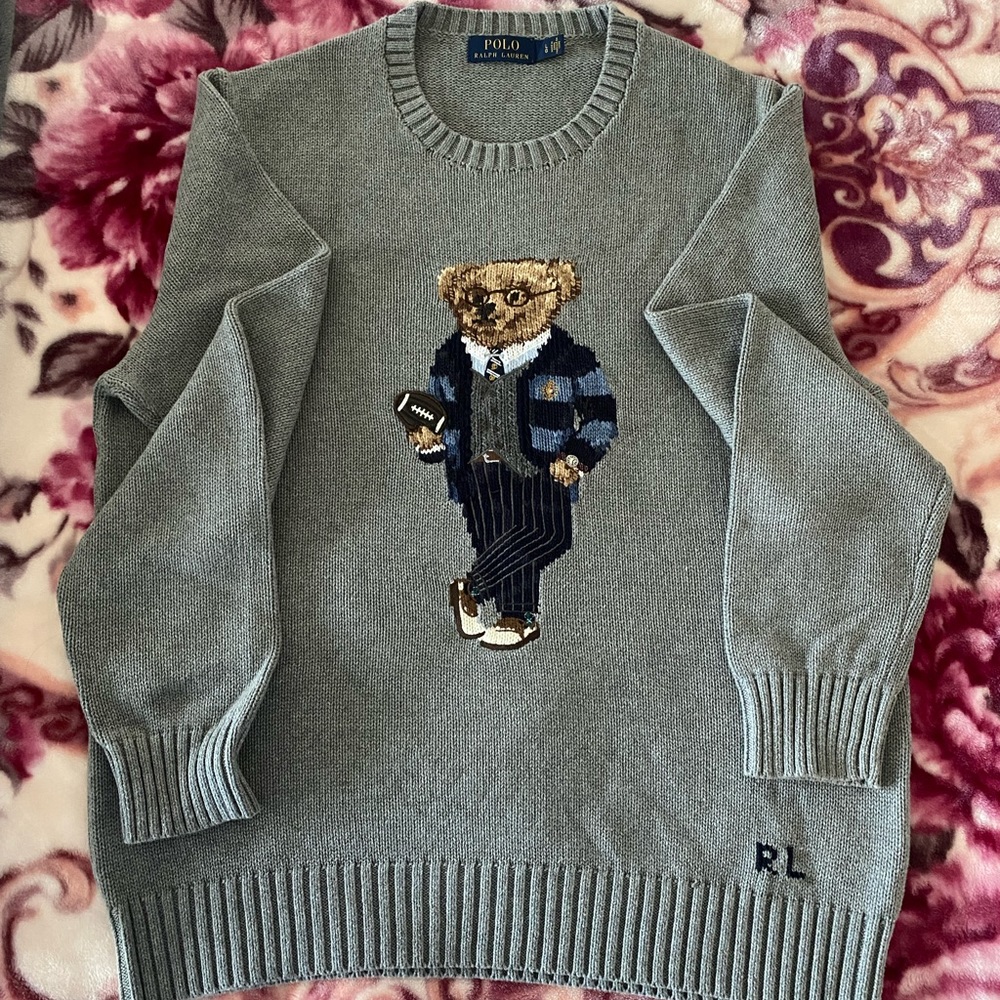 Polo Bear Sweater Ralph Lauren Gray/Grey Men’s Size Large  Football Bear
